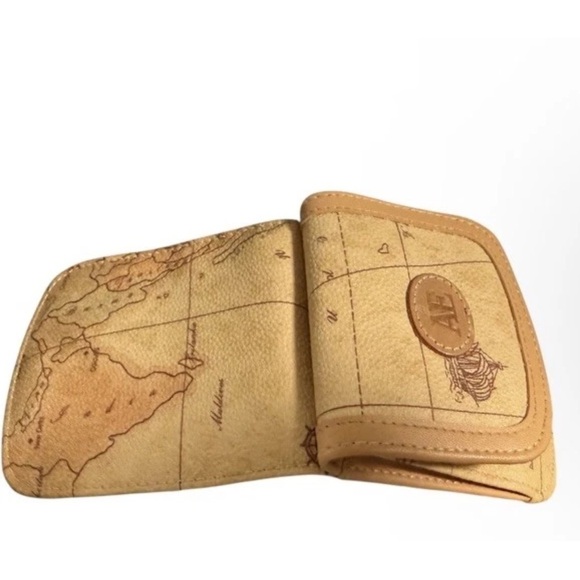 AE Allan Edward Map Print Geo Bifold Compact Wallet Leather Trim Tan - Picture 2 of 13